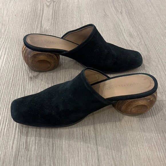Huma Blanco Mina Black Suede Heeled Mules with Round Wood Heel, Size 36 - Picture 2 of 7